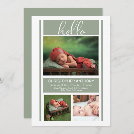 Hello Simple Minimalistisch Sage Green Baby Boy Bi Ankündigung (Vorne/Hinten)