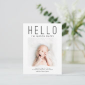 HELLO Simple Modern Baby Foto Birke Ankündigungspostkarte (Stehend Vorderseite)