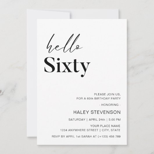 Hello Sixty Modern White Minimalistisch 60. Geburt Einladung (Vorderseite)