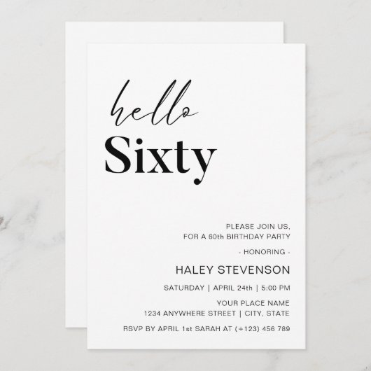 Hello Sixty Modern White Minimalistisch 60. Geburt Einladung (Vorne/Hinten)