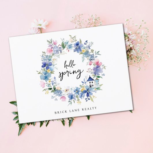 Hello Spring Floral House Wreath Real Anwesen Postkarte