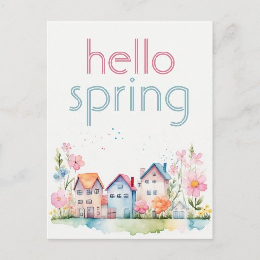 Hello Spring Floral Watercolor House Postkarte (Vorderseite)