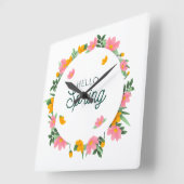 Hello Spring Floral Wreath Quadratische Wanduhr (Winkel)