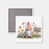 Hello Spring Garden Gnome: Cute Gnome with Braids Magnet (Vorderseite/Rückseite)