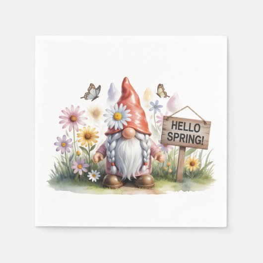 Hello Spring Garden Gnome: Cute Gnome with Braids Serviette (Vorderseite)