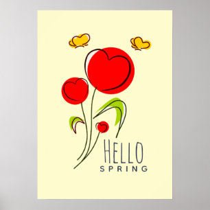 Hello Spring Text mit Niedlichen Red Heart Blume Poster