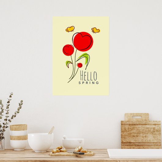 Hello Spring Text mit Niedlichen Red Heart Blume Poster (Küche)