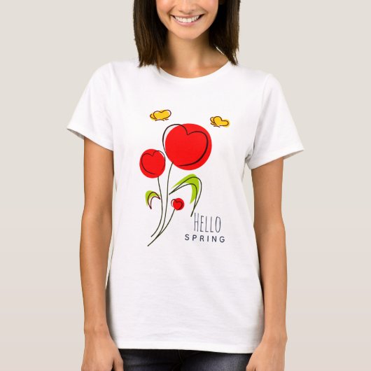 Hello Spring Text mit Red Heart Blume T-Shirt (Vorderseite)