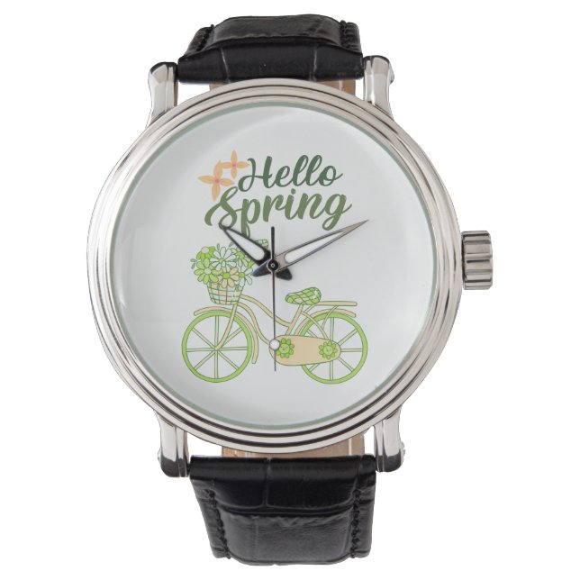 Hello Spring Vintage Bicycle Illustration  Armbanduhr (Vorderseite)
