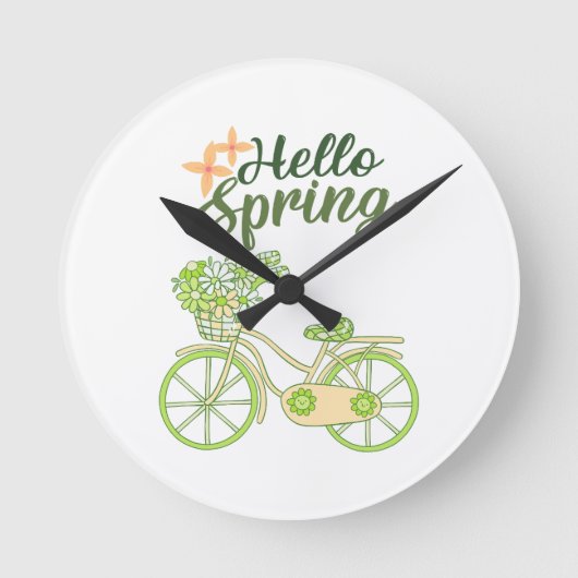 Hello Spring Vintage Bicycle Illustration Runde Wanduhr (Vorderseite)