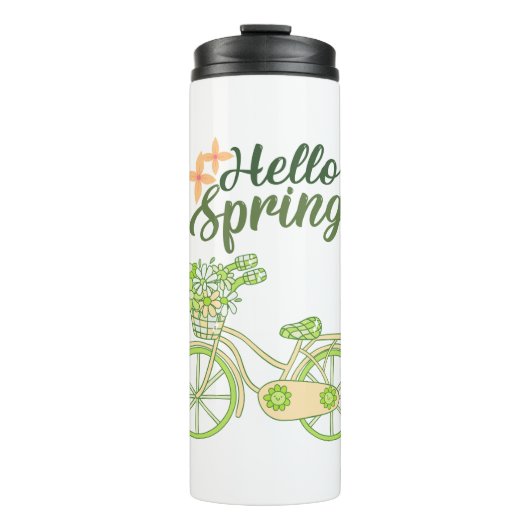 Hello Spring Vintage Bicycle Illustration Thermosbecher (Vorderseite)