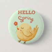 HELLO Spring Yellow Baby Bird Holding Blume Button (Vorderseite)