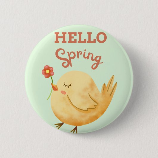 HELLO Spring Yellow Baby Bird Holding Blume Button (Vorderseite)