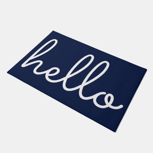 Hello Stylish Modern Script Navy Blue Fußmatte (Schrägansicht)