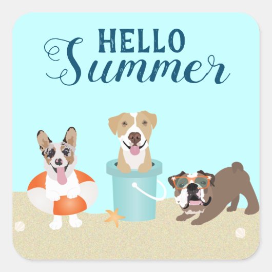 Hello Summer Beach Hogs Blue Orange Quadratischer Aufkleber (Vorderseite)