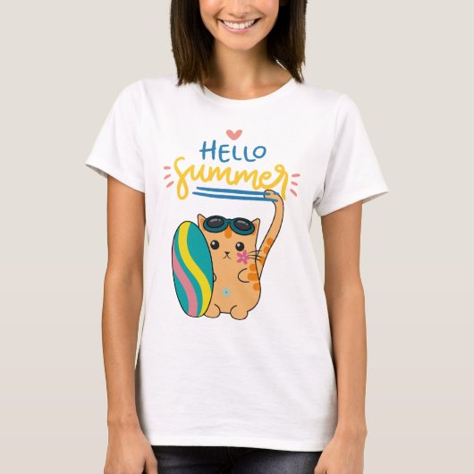 "Hello Summer Cat Surfer" T-Shirt (Vorderseite)