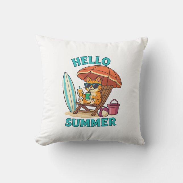 Hello Summer Cat T - Shirt - Niedlich Cartoon Beac Kissen (Vorderseite)