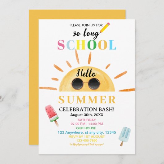 Hello Summer End of School's Out Party Einladung (Vorne/Hinten)