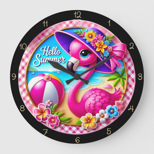 Hello Summer Flamingo Clock Große Wanduhr (Vorderseite)