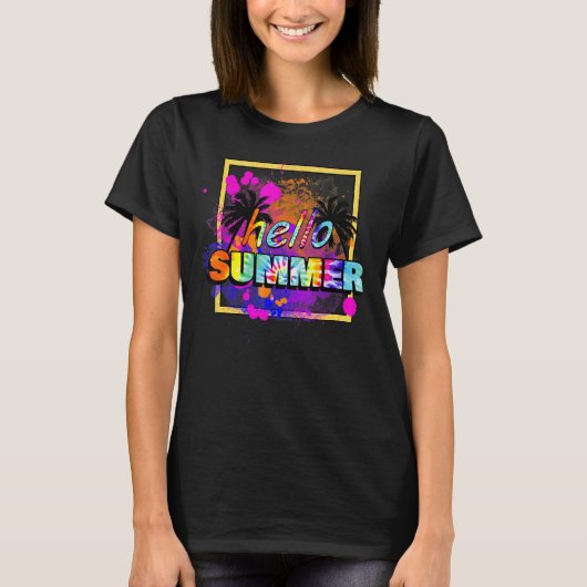 Hello Summer Palm Tree Gefärbte Krawatte Beach Sum T-Shirt (Vorderseite)