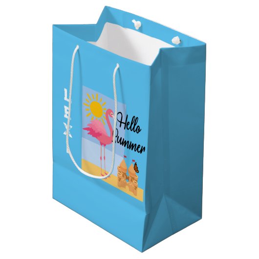 Hello Summer Pink Flamingo Design - Geschenktasche Mittlere Geschenktüte (Vorderseite Schrägansicht)