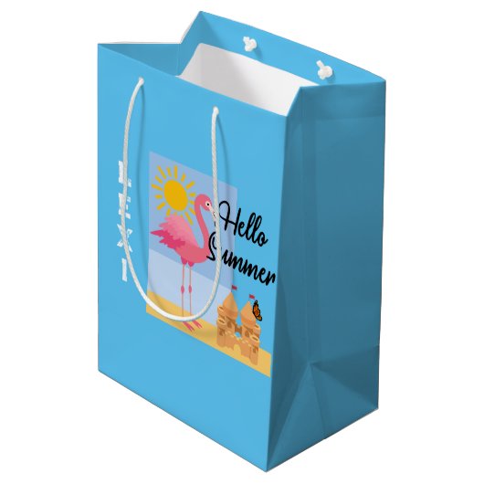 Hello Summer Pink Flamingo Design - Geschenktasche Mittlere Geschenktüte (Rückseite Schrägansicht)