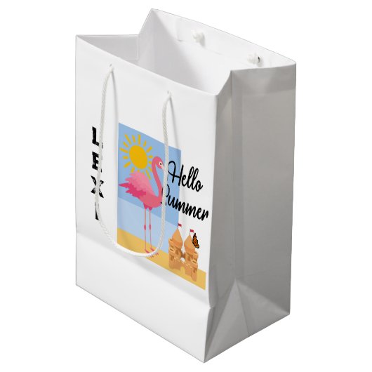 Hello Summer Pink Flamingo Design - Geschenktasche Mittlere Geschenktüte (Vorderseite Schrägansicht)