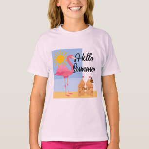 Hello Summer Pink Flamingo Design - Girls' Basic T T-Shirt
