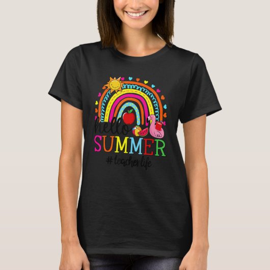 Hello Summer Rainbow Flamingo Watermelon Teacher L T-Shirt (Vorderseite)