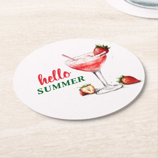 Hello Summer | Strawberry Cocktail Paper Coaster Runder Pappuntersetzer (Angewinkelt)