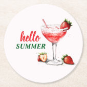Hello Summer | Strawberry Cocktail Paper Coaster Runder Pappuntersetzer (Vorderseite)