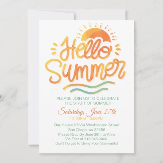 Hello Summer Sun Orange Pool Party Einladung (Vorderseite)