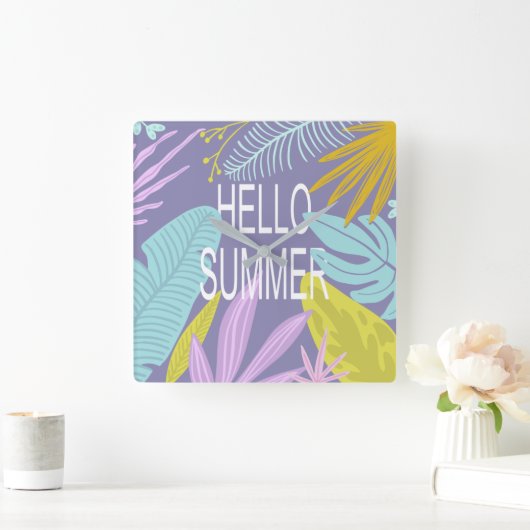 Hello Summer Tropical | Square Wall Clock Quadratische Wanduhr (Zuhause)