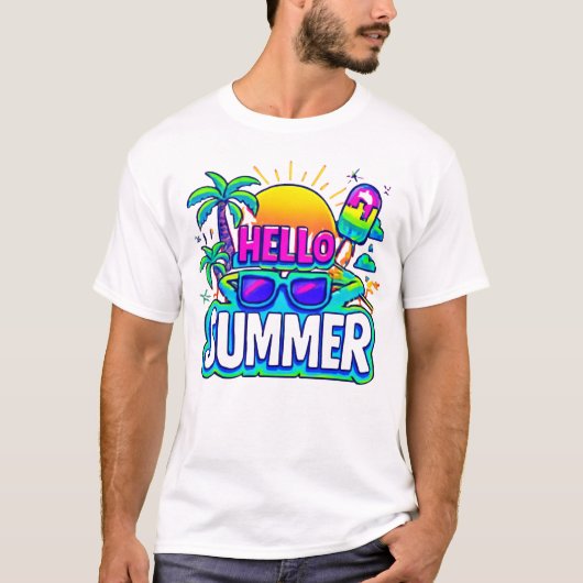 Hello Summer Vibes - Design tropischer Cartoon T-Shirt (Vorderseite)