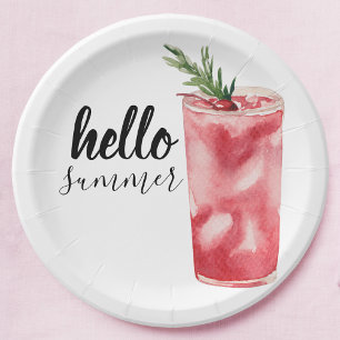 Hello Summer Watercolor Red Cherry Cocktail Pappteller