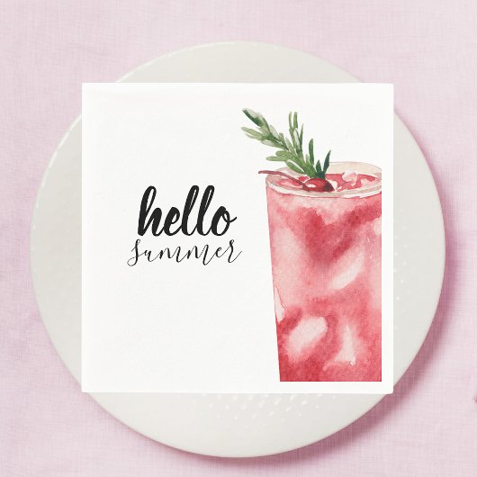 Hello Summer Watercolor Red Cherry Cocktail Serviette