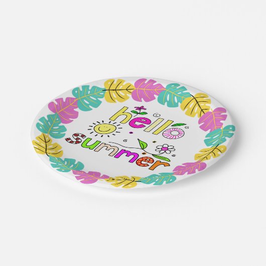 Hello Summer Word Art Tropical Palms 7" Pappteller (Schrägansicht)