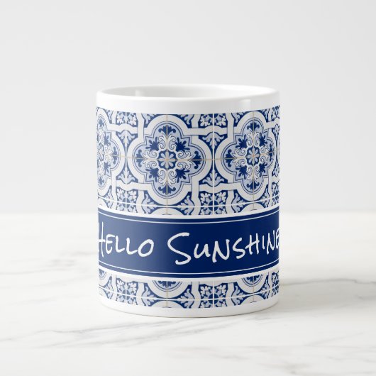 HELLO SUNSHINE Blue & White Sicilian Tile Jumbo-Tasse (Vorderseite)