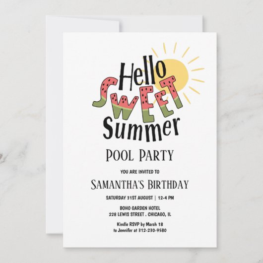 Hello Sweet Summer Watermelon Pool Party Bday Einladung (Vorderseite)