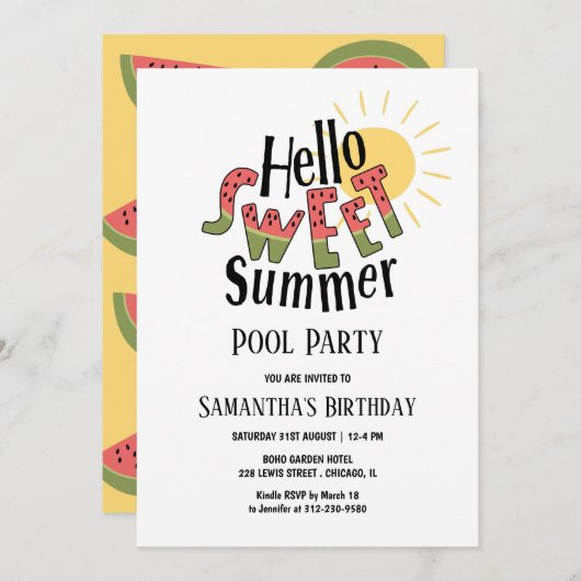 Hello Sweet Summer Watermelon Pool Party Bday Einladung (Vorne/Hinten)