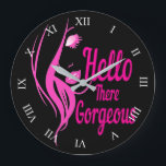 Hello There Gorgeous Lovely Lady Face Typography Große Wanduhr<br><div class="desc">Unique clock with Hello There Gorgeous typography with a drawing profile of a lovely lady. This is an ideal classy and trendy gift for her. Designed by Sandyspider Gifts. Contact me at here or at admin@giftsyoutreasure.com if you would like me to create a collage, upgrade your photos or create a...</div>