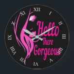 Hello There Gorgeous Lovely Lady Face Typography Große Wanduhr<br><div class="desc">Unique clock with Hello There Gorgeous typography with a drawing profile of a lovely lady. This is an ideal classy and trendy gift for her. Designed by Sandyspider Gifts. Contact me at here or at admin@giftsyoutreasure.com if you would like me to create a collage, upgrade your photos or create a...</div>