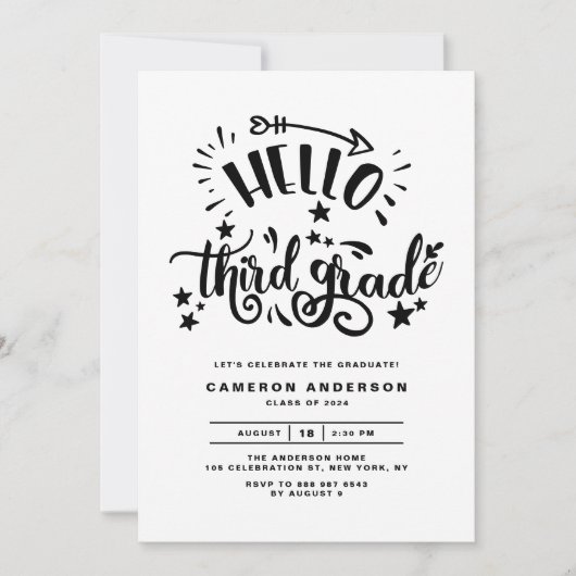 Hello Third Grade | Black Second Grade Abschluss Einladung (Vorderseite)