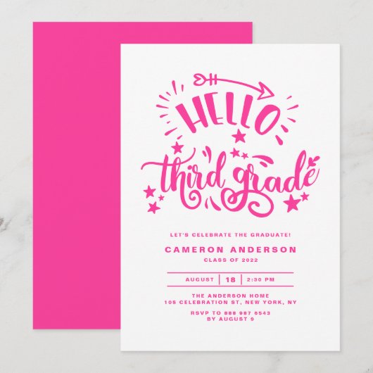 Hello Third Grade | Rosa Abschluss zweiter Klasse Einladung (Vorne/Hinten)