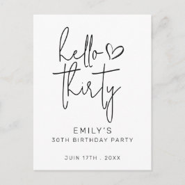 Hello Thirty Birthday Minimal Schwarz-weiß Modern Postkarte