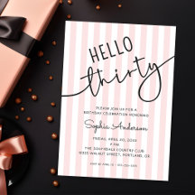 Hello Thirty Modern Script Simple Stripes Birthday