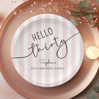 Hello Thirty Modern Script Stripes Birthday Party Pappteller