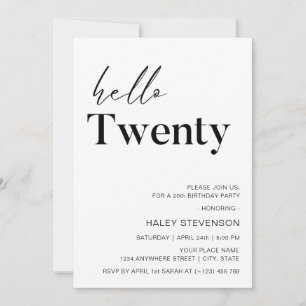 Hello Twenty Modern White Minimalistisch 20. Gebur Einladung