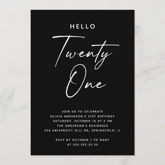 Hello Twenty One | Black Minimalist 21st Birthday Einladung (Vorderseite)