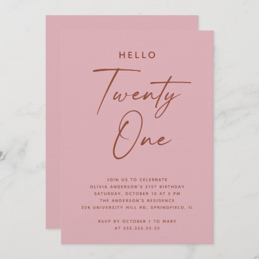 Hello Twenty One | Dusty Rose Pink 21st Birthday Einladung (Vorne/Hinten)